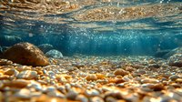 Underwater view of sunlit pebbles and stones on riverbed with crystal clear water, air bubbles rising to surface creating natural aquatic environment.
