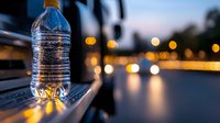 Plastic water bottle with condensation on outdoor table at dusk, blurred city lights and waterfront in background, refreshment and hydration concept.