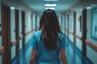 Asian female healthcare worker in blue scrubs walking alone through empty hospital corridor, dramatic lighting creates moody atmosphere for medical stories.