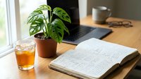 Young professional workspace with potted plant, architectural sketches, beverage and laptop on wooden desk near window for design, planning and creative work projects.