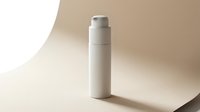 Minimalist white cosmetic pump bottle on curved beige background with soft shadows for skincare and beauty product packaging design.