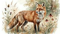 Red fox standing in autumn meadow with dried grasses and wildflowers, watercolor wildlife illustration for nature designs and educational materials.