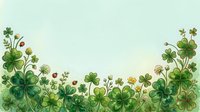 Watercolor green clover border with four-leaf shamrocks, ladybugs, and wildflowers on a light background, perfect for St. Patricks Day greeting cards.
