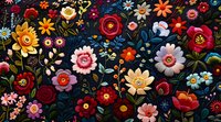 Vibrant folk art floral pattern with colorful blooms on dark background, perfect for fabric design, wallpaper, and decorative projects. Whimsical botanical illustration features retro style flowers.