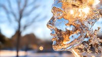 Frozen ice formation resembling human profile silhouette at sunset, with natural bokeh background creating magical winter atmosphere and golden light reflections.