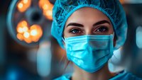 Female medical professional wearing surgical mask and cap in hospital setting with dramatic lighting and bokeh background, intense eyes looking at camera.