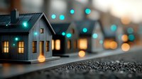 Miniature gray house model with glowing windows against blurred bokeh lights background creating magical evening atmosphere and cozy home concept.