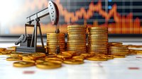 Oil pump jack and stacks of golden coins against financial chart background, representing petroleum industry profits and commodity market trading.