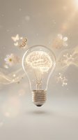 Light bulb with glowing brain filament surrounded by butterflies and flowers representing creativity, innovation and bright ideas for business concepts.