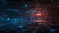Digital start button with glowing orange circle and connecting light trails on futuristic tech background for business innovation and startup concepts.