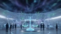 Futuristic courtroom with holographic scales of justice and silhouettes of people in digital legal technology environment with glowing blue and green lights.