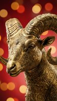 Ornate brass ram figurine with intricate scrollwork patterns against warm red bokeh background, suitable for luxury home decor, cultural art, festive celebrations, and decorative design projects.