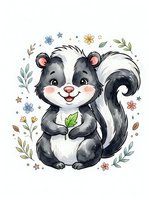 Cute skunk character holding a leaf, surrounded by flowers, stars, and botanical elements on white background. Isolated clipart suitable for children's designs, t-shirts, and nursery decor.
