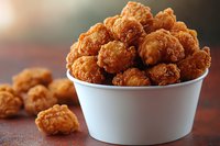 Crispy golden chicken nuggets piled high in white paper container on rustic wooden surface with warm lighting and selective focus for food photography.