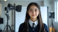 Young Asian woman in school uniform with long dark hair and gentle smile against photography studio background with lighting equipment and softbox.