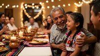 Hispanic grandfather embracing young granddaughter at family dinner celebration with warm bokeh lights creating festive atmosphere for holidays and gatherings.