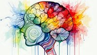 Colorful watercolor brain illustration with rainbow splashes and dripping paint effects. Creative concept for psychology, neuroscience, mental health awareness.