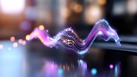 Glowing neon wave with purple and blue light trails floating in dark space, abstract digital frequency visualization with bokeh effect in background.