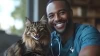 African American male veterinarian in medical scrubs with stethoscope smiling while holding fluffy Maine Coon cat during checkup at veterinary clinic, showing professional care and expertise.