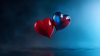 Red and blue glass hearts floating against dramatic blue background with soft shadows and reflections, romantic concept for Valentine's Day and love themes.