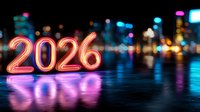 Glowing neon numbers 2026 against blurred city nightscape with colorful bokeh lights reflecting on wet surface, creating futuristic urban atmosphere.