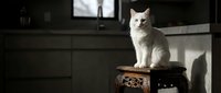 White fluffy cat sitting on wooden stool in dark modern interior with sunlight streaming through window, domestic pet portrait.