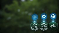 Digital hexagonal icons displaying environmental and industrial symbols with glowing effects on blurred green nature background for eco-friendly business concepts.