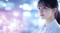 Young Asian woman in white medical coat against blurred blue bokeh background with glowing sparkles and magical light effects, expressing confidence and professionalism.