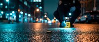 Crime scene investigation at night with forensic expert collecting evidence on urban street with bokeh city lights background.