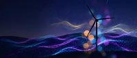 Wind turbine silhouette against a dark night sky with glowing digital particle waves in blue and purple, symbolizing clean energy innovation.