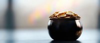 Black pot filled with golden coins against blurred background with rainbow light effect, symbolizing wealth, fortune and financial prosperity.