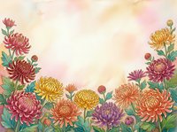 Watercolor chrysanthemum flowers frame with soft pastel background for autumn greeting cards, wedding invitations and floral design projects.