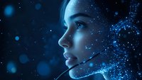 Young woman profile illuminated by glowing blue particles and bokeh lights against dark background, representing artificial intelligence and digital transformation.