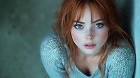 Young woman with red hair, freckles and striking blue eyes wearing cozy knit sweater gazes directly at camera against blurred teal background. Soft portrait lighting creates intimate mood.