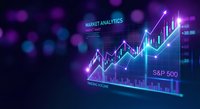 Market analytics dashboard with glowing S&P 500 chart showing upward trend on dark background for financial presentations and business reports.