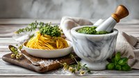 Fresh pesto sauce in marble mortar with wooden pestle next to bowl of spaghetti pasta on rustic wooden board with herbs and linen cloth.