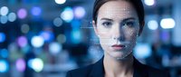 Young businesswoman with facial recognition technology overlay in modern office environment with bokeh lights for security and AI applications.