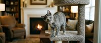Gray tabby cat perched on carpeted cat tree in cozy living room with fireplace and warm lighting. Use for pet care, feline behavior, home interior design.