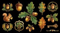 Autumn oak acorns, squirrel, and golden key clipart set, isolated on transparent background. Ready for stickers, t-shirt design, print on demand, and sublimation.