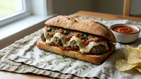 Loaded meatball sandwich with melted cheese, marinara sauce, and fresh toppings on crusty bread, served with chips and sauce for lunch or dinner meals.
