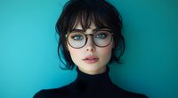 Young woman with glasses and bangs wearing black turtleneck against turquoise background, natural makeup and bright blue eyes create striking portrait.