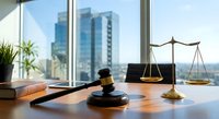 Modern law office interior with wooden gavel, brass scales of justice, legal books and laptop on desk overlooking city skyline through large windows.
