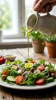 Hand pouring golden olive oil over fresh garden salad with tomatoes, cucumbers, and greens on white plate by sunny window with potted herbs.