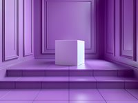 Minimalist white cube on purple stairs in classical interior with decorative wall panels and tiled floor creates surreal atmosphere.