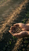 Farmer hands holding seeds over fertile soil ready for planting in agricultural field with warm sunlight and green sprouts growing from earth.