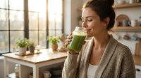 Woman with dark hair and olive complexion drinking green smoothie in bright kitchen with plants and shelves, wellness and healthy lifestyle concept.