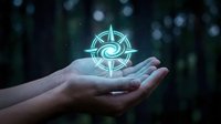Glowing compass symbol floating above open palm against dark bokeh background representing navigation, direction, guidance and digital technology concepts.
