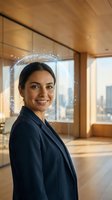 Professional woman with dark hair and olive complexion wearing navy blazer in modern high-rise office with city skyline view, suitable for corporate, business, and professional portraits.