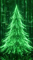 Digital Christmas tree made of glowing green binary code numbers on matrix background for holiday technology concepts and cyber celebrations.