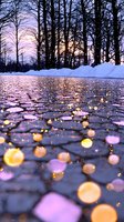 Frozen cobblestone path with glowing bokeh lights reflecting on ice surface at sunset, snow-covered ground and bare winter trees silhouetted against purple sky.